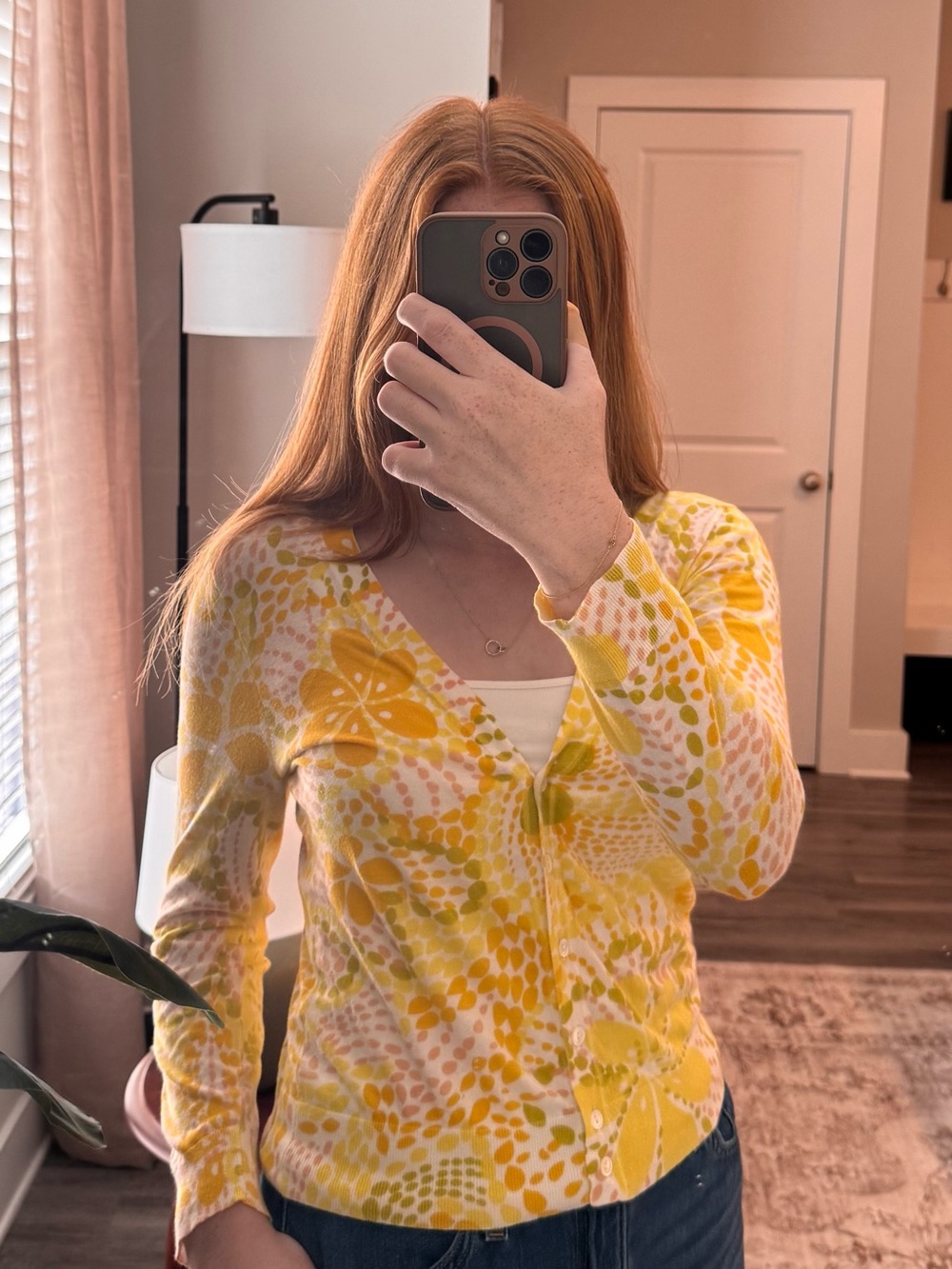 J.Crew Vintage 2008 Floral Cotton Cardigan Yellow/Olive - L (Fits S/M)